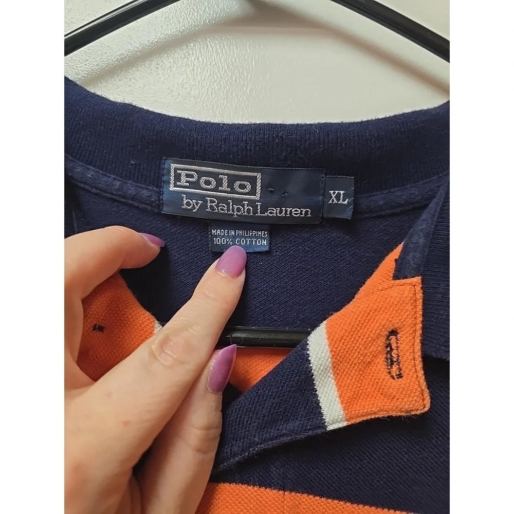 Polo Ralph Lauren Men's XL Shirt Striped Navy Blue Orange White Cotton Polo Pony